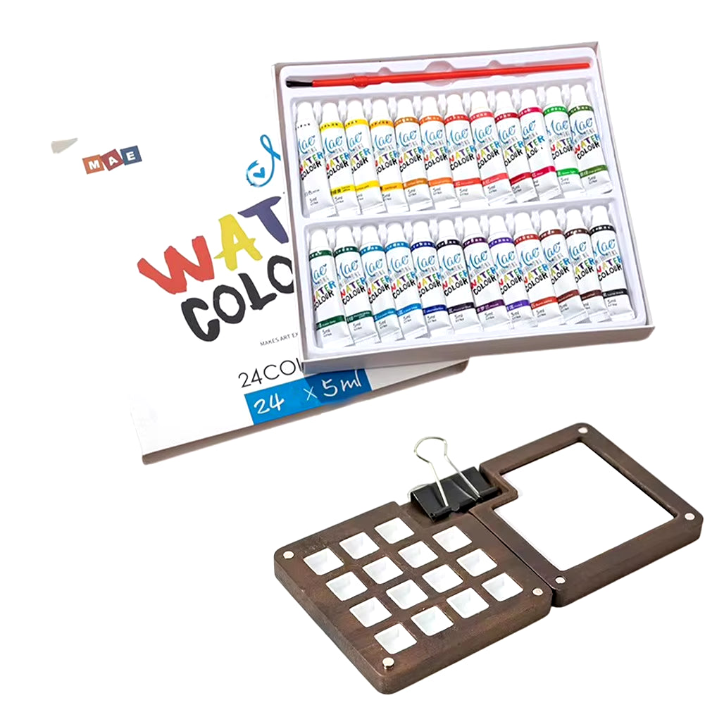 Compact Wooden Watercolor Palette Set 